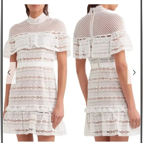 NWT Self-Portrait Yoke Ruffled Mini Dress White Lace Frill Dress - Picture 1 of 12